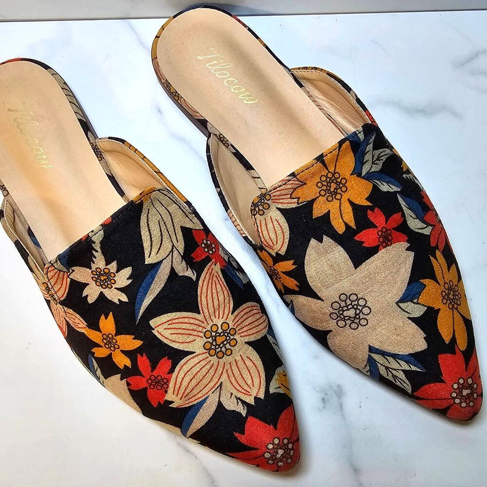 Tilocow Pointed Toe Mules - Slip On Floral Dress Shoes | Floral Flats Sz 6